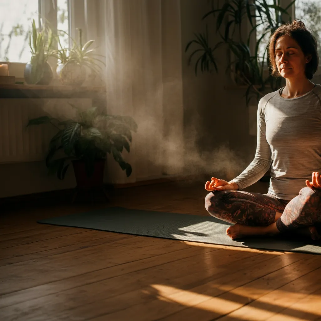 Serene person practicing mindfulness techniques for managing and preventing hyperstimulation and anxiety.