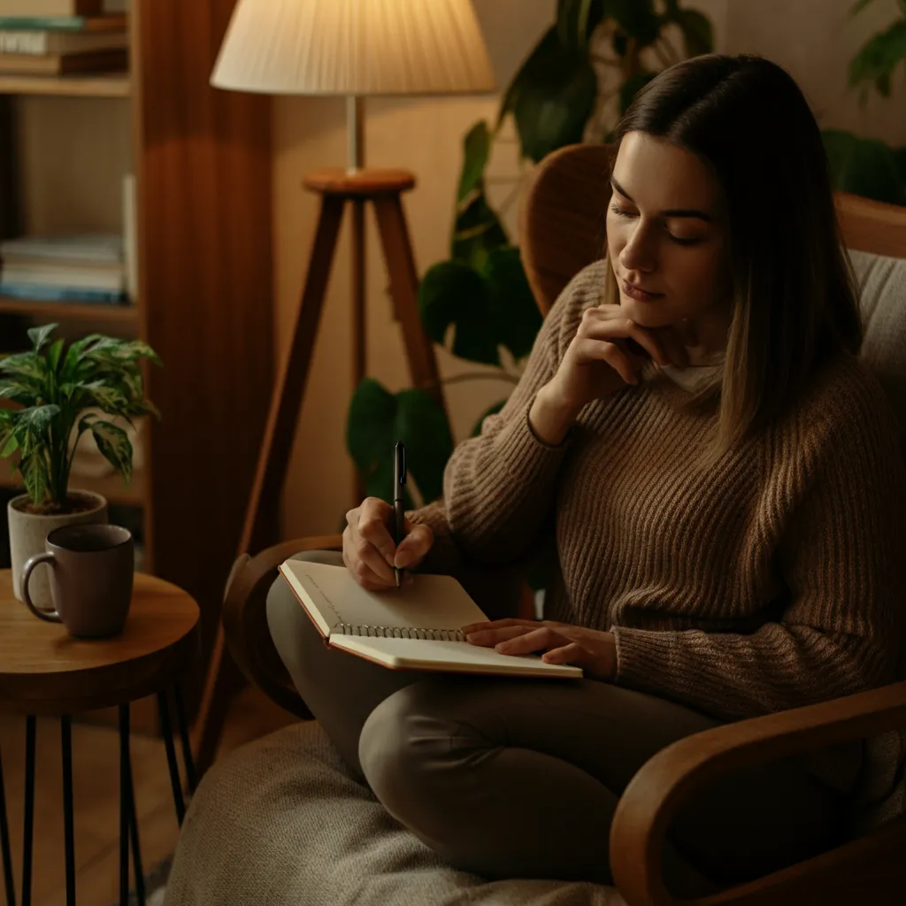 Person analyzing their emotional triggers through journaling and self-reflection, representing the process of understanding emotional reactivity.