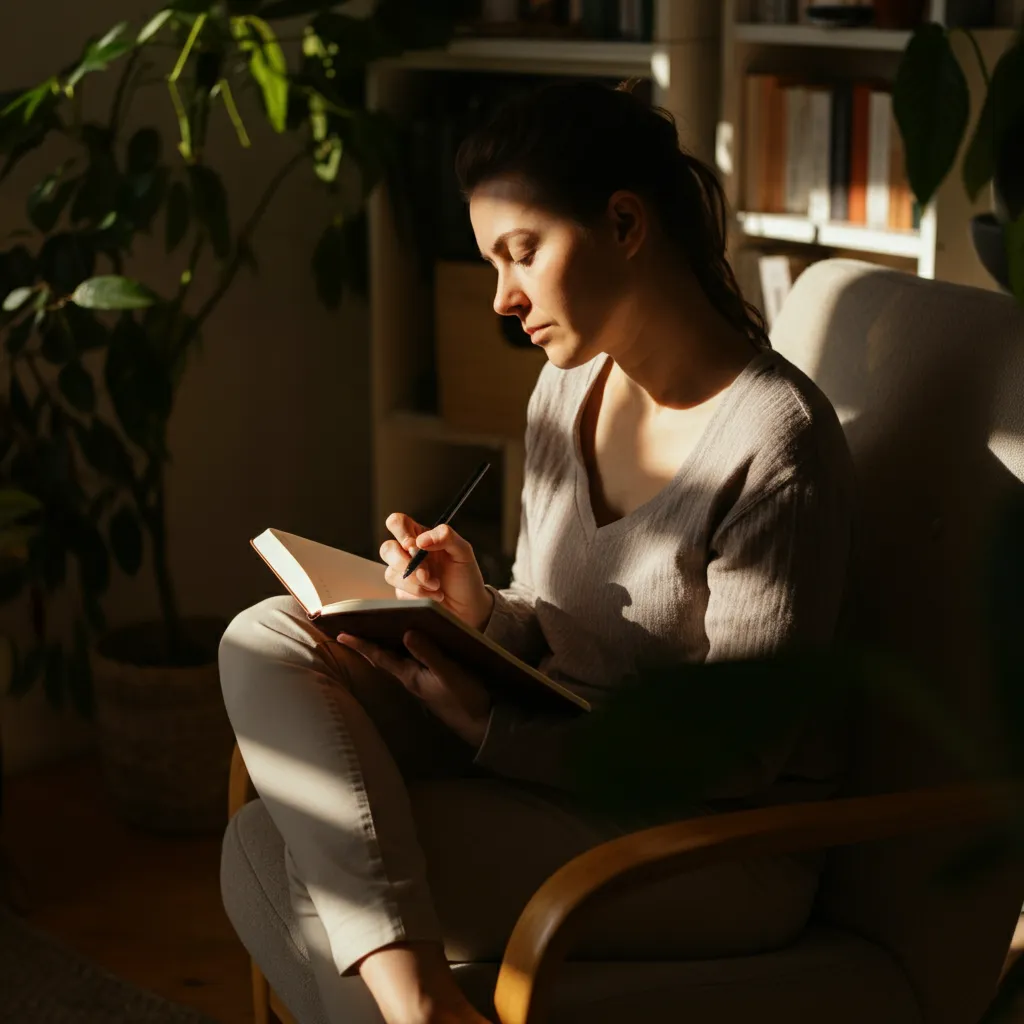 A person using a magnifying glass to examine thought bubbles, representing the process of identifying negative thought subscriptions.