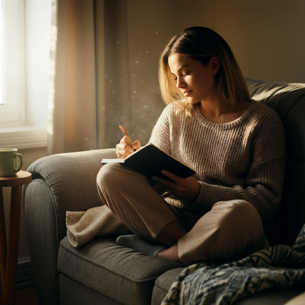 A person identifying their stress triggers, such as work deadlines, relationship problems, or a busy schedule, by journaling and practicing mindfulness to manage stress effectively.