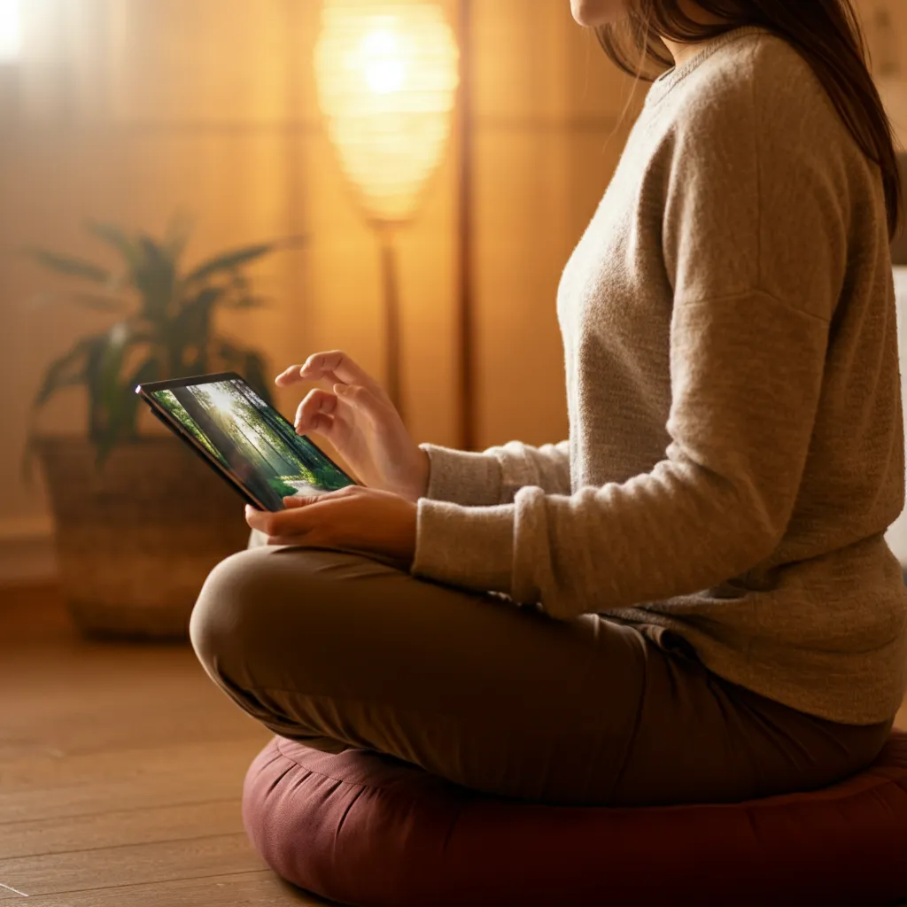 Person peacefully meditating with interactive tools, demonstrating the concept of interactive meditation exercises for stress reduction and mindfulness.