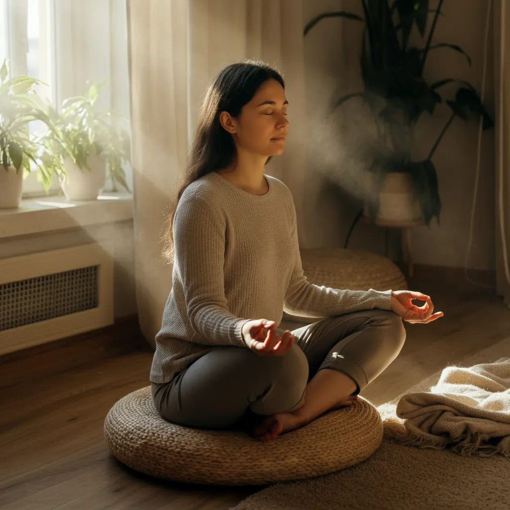 A person practicing interactive meditation in a calming environment. This image relates to a beginner's guide on how to start interactive meditation exercises, create a relaxing space, and overcome common challenges.