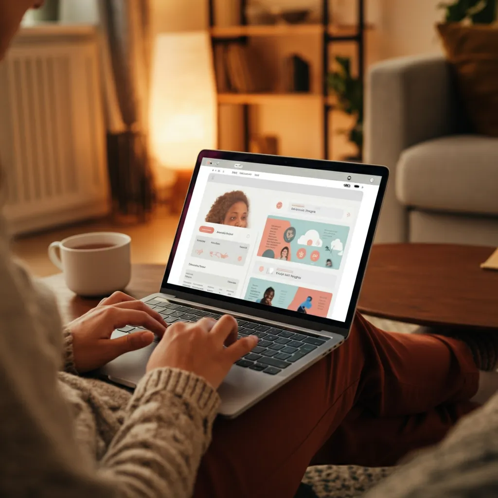 A person using a laptop to access interactive mental health tools and resources, including FAQs about online therapy, mood trackers, and mental health apps.