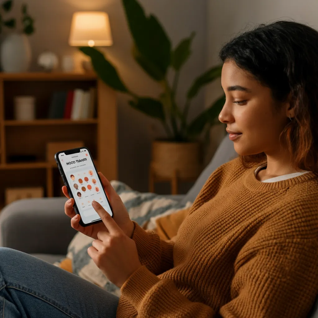 A person using an interactive mood tracker on their phone or computer to log daily moods and identify patterns for better mental health.
