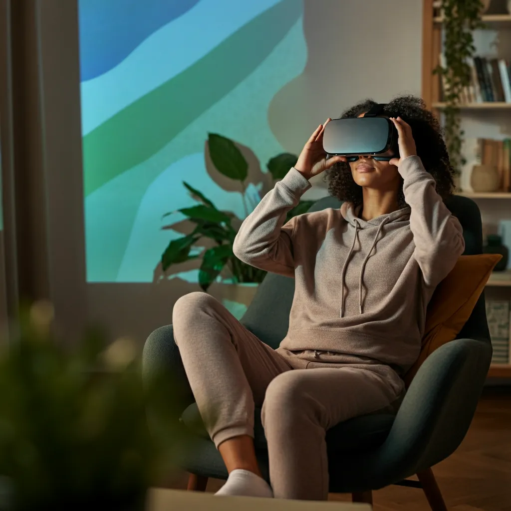 Person using interactive tools like guided meditation apps, online breathing exercises, and virtual reality for relaxation and stress reduction