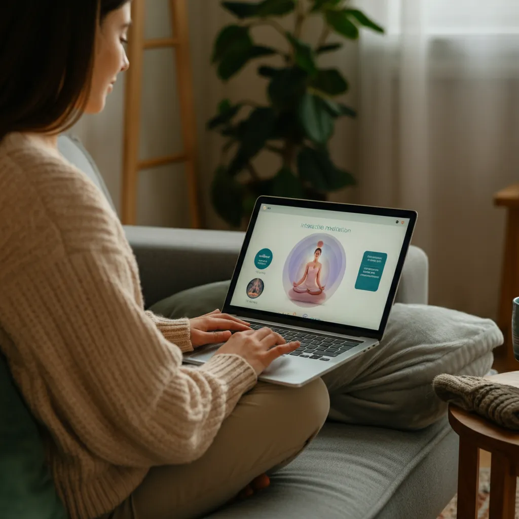 A person using interactive relaxation techniques and meditation exercises to relieve stress and improve mental health.