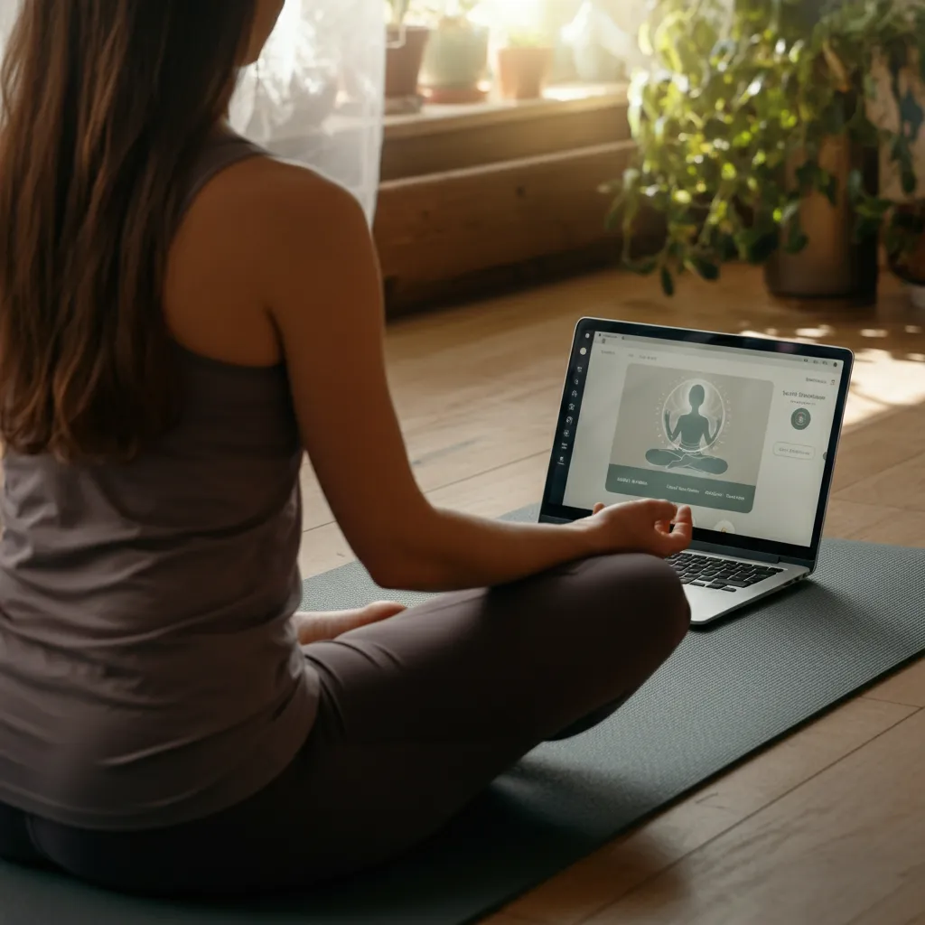 Person practicing interactive relaxation techniques and meditation exercises for stress management and mental wellbeing.