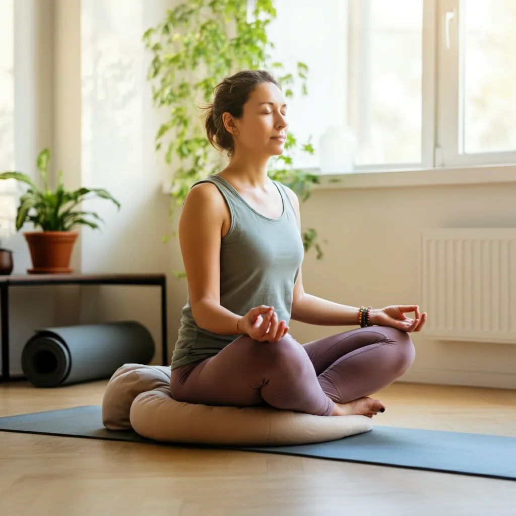 Person relaxing and meditating, demonstrating the benefits of stress reduction and improved mental wellbeing through interactive relaxation techniques and meditation exercises.