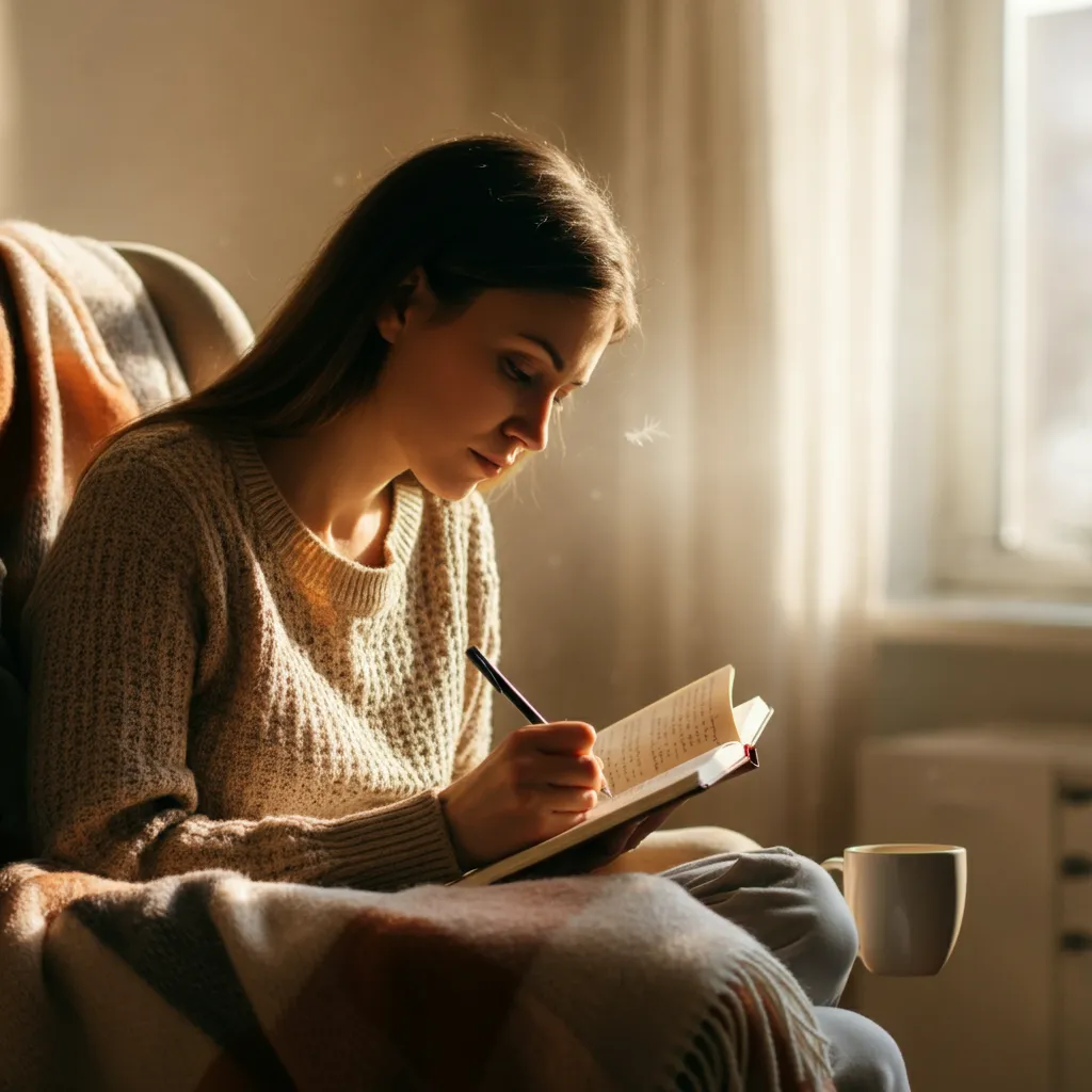 A comforting image representing journaling for grief and healing through writing.  Find a safe space to explore your emotions and process loss.