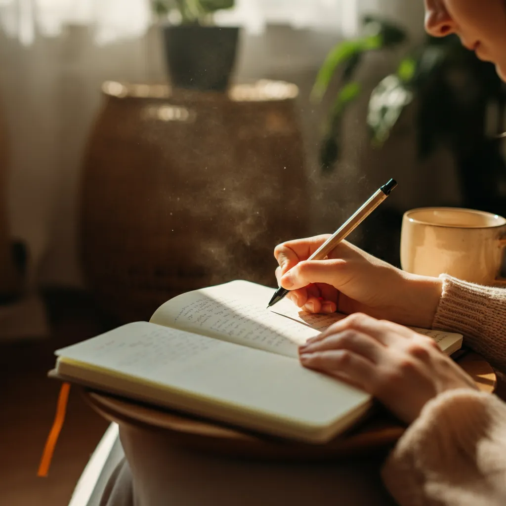 Person writing in a journal to promote self-discovery and mental well-being.