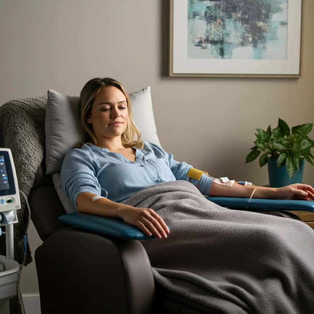 A patient undergoing a ketamine therapy session in a calm and supportive environment, highlighting the process from preparation to integration therapy.