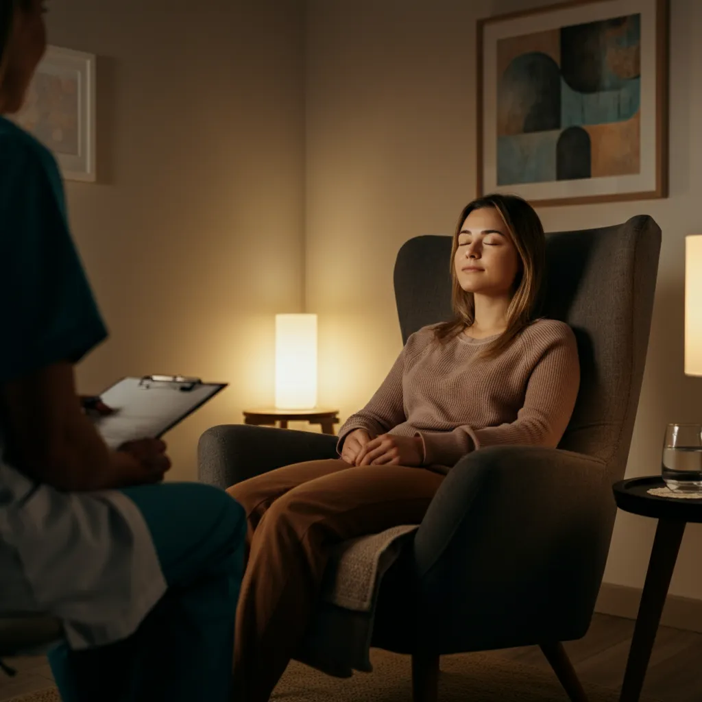 A patient undergoing a ketamine treatment session in a calming and supportive clinic environment.