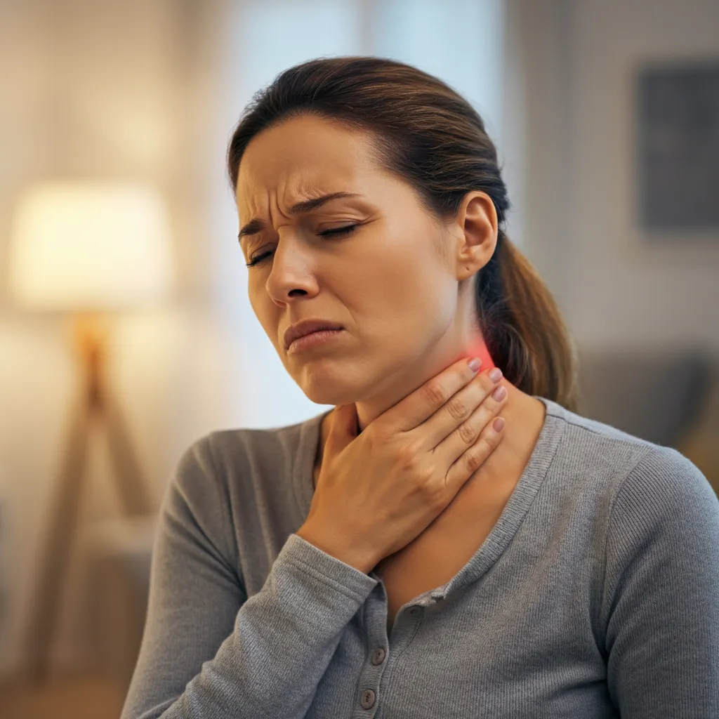 Diagram illustrating the symptoms and causes of laryngopharyngeal reflux (LPR), including throat tightness, globus sensation, chronic cough, and hoarseness.