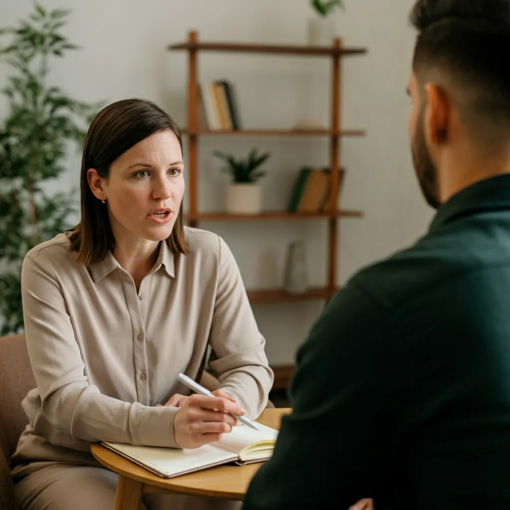 Person engaged in a life coaching session, discussing goals and personal growth with their coach.