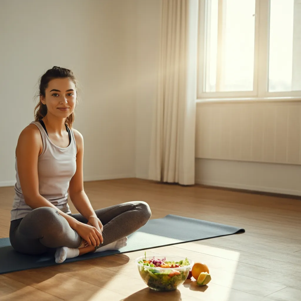 A person enjoying healthy lifestyle activities such as nutritious food, exercise, and restful sleep, symbolizing the positive impact of lifestyle changes on addiction recovery.