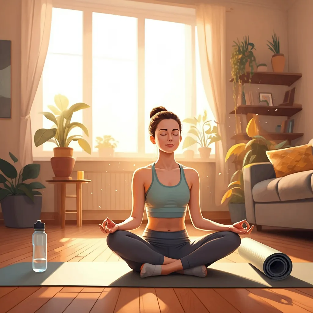 Serene person practicing stress-reducing lifestyle changes for long-term anxiety management, including healthy eating, regular sleep, and mindful relaxation techniques.