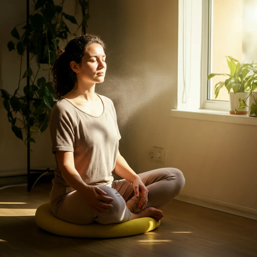 A person practicing mindfulness and healthy habits like exercise and balanced eating to manage anxiety.