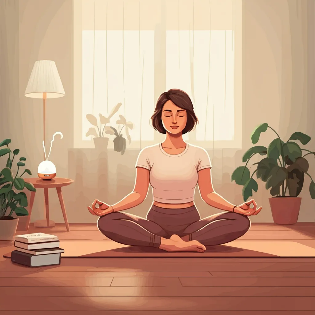 Serene person practicing yoga and mindful eating, symbolizing lifestyle changes for managing LPR and anxiety.