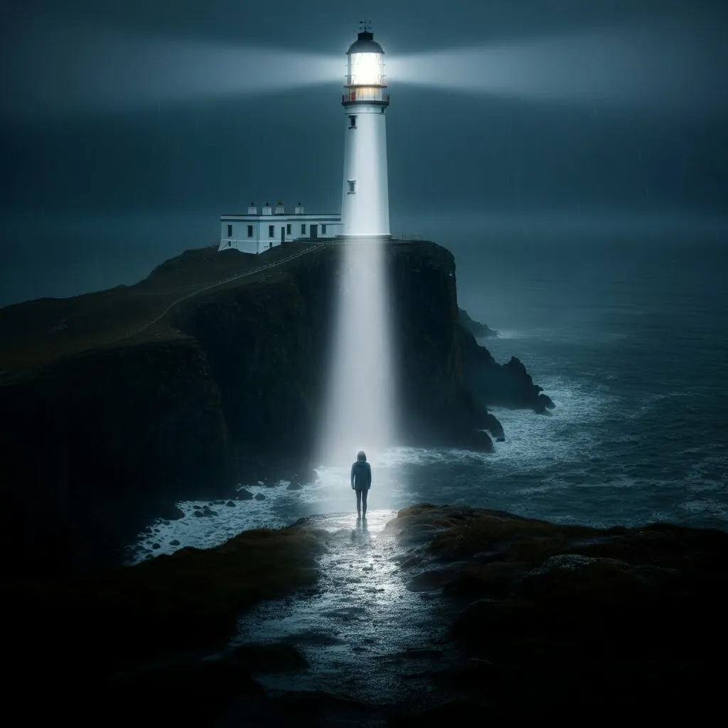 Stepping out of the darkness, a person is guided by the light of a lighthouse, representing finding a path to mental wellness and recovery.