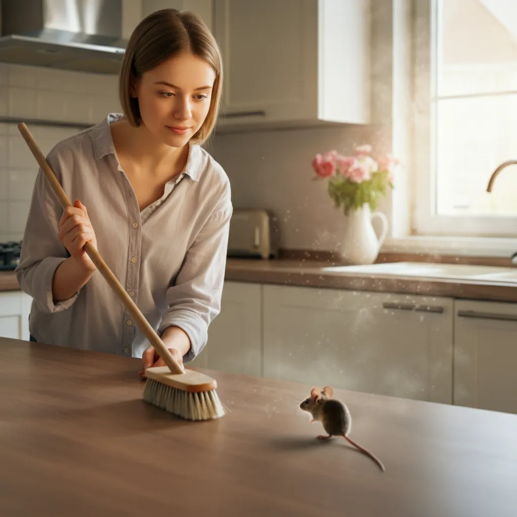 Person calmly observing a mouse in their home, demonstrating coexistence.