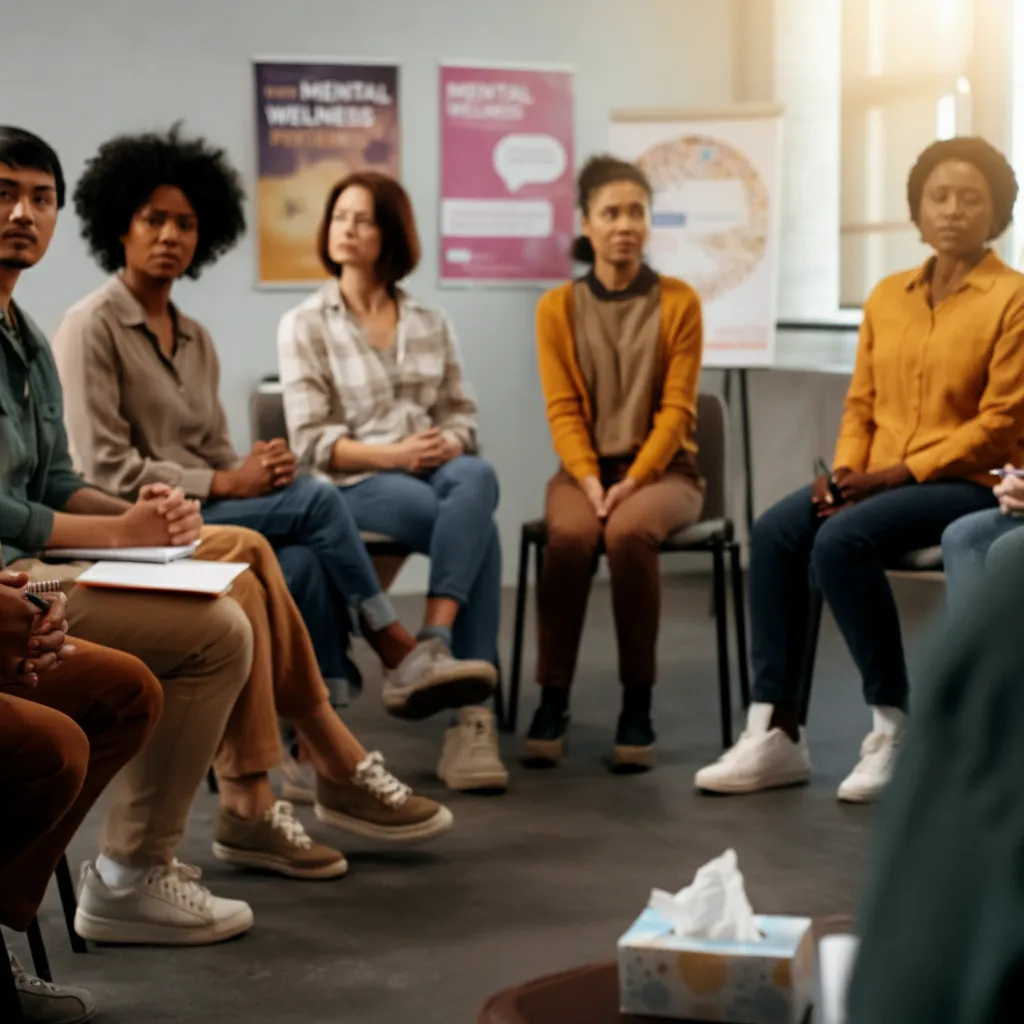 People connecting in a supportive mental health group setting, discussing their experiences and finding comfort.