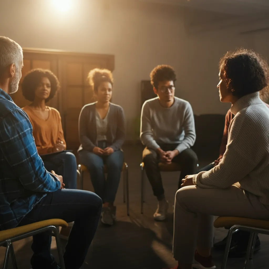 Diverse individuals connecting and supporting each other in various local support groups, fostering mental wellness and community.