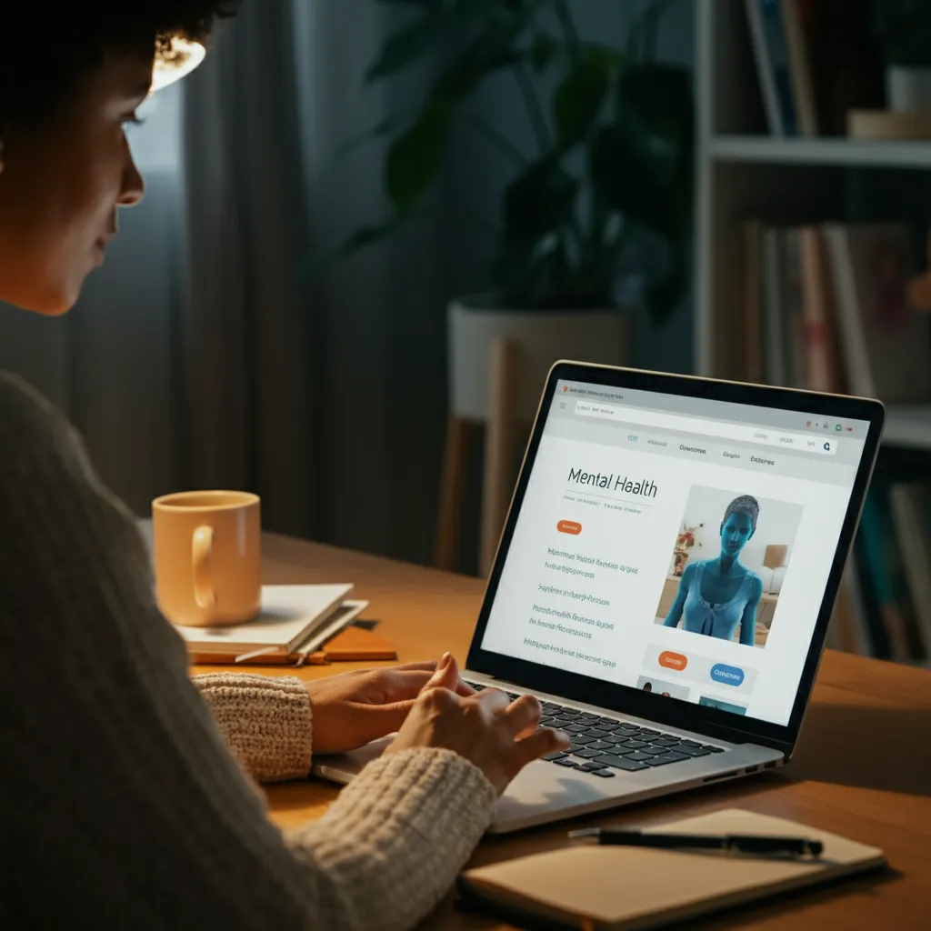 A person using a computer to find local mental health resources and emergency contact information.