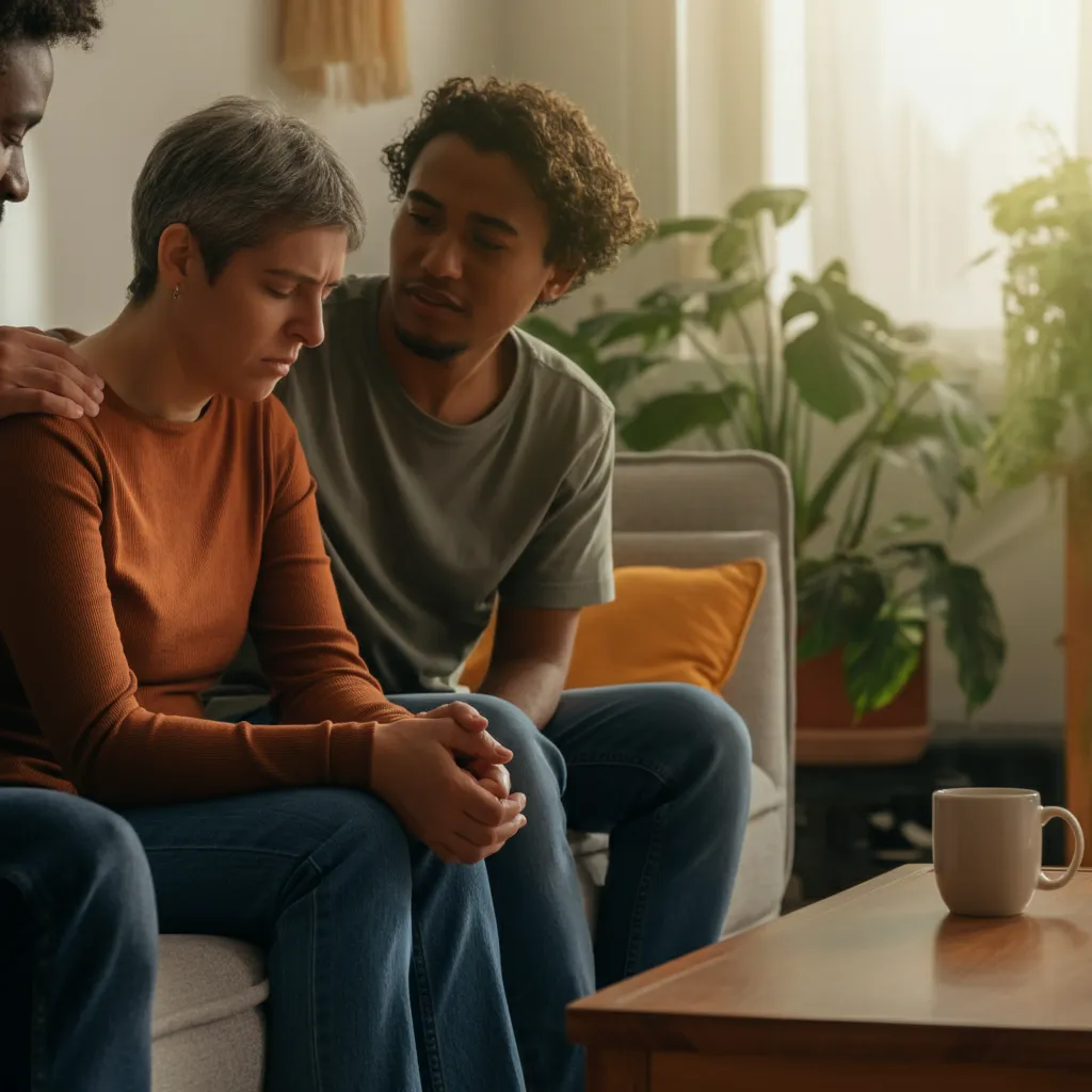 Person offering long-term support and demonstrating anxiety management techniques to their loved one.