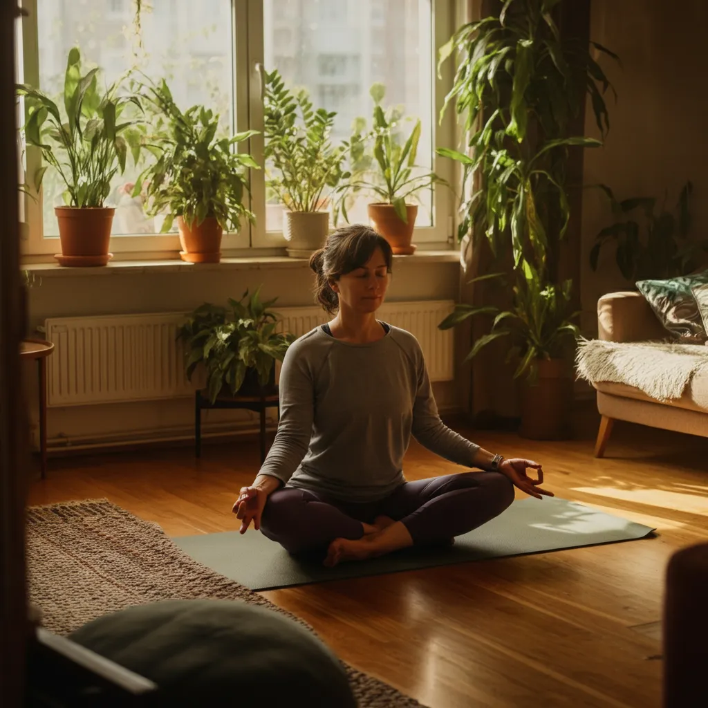 Person practicing self-care for long-term mental wellness by meditating outdoors.