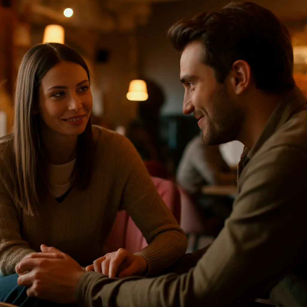 Man leaning in and making eye contact with a woman, demonstrating signs of emotional attachment through body language.