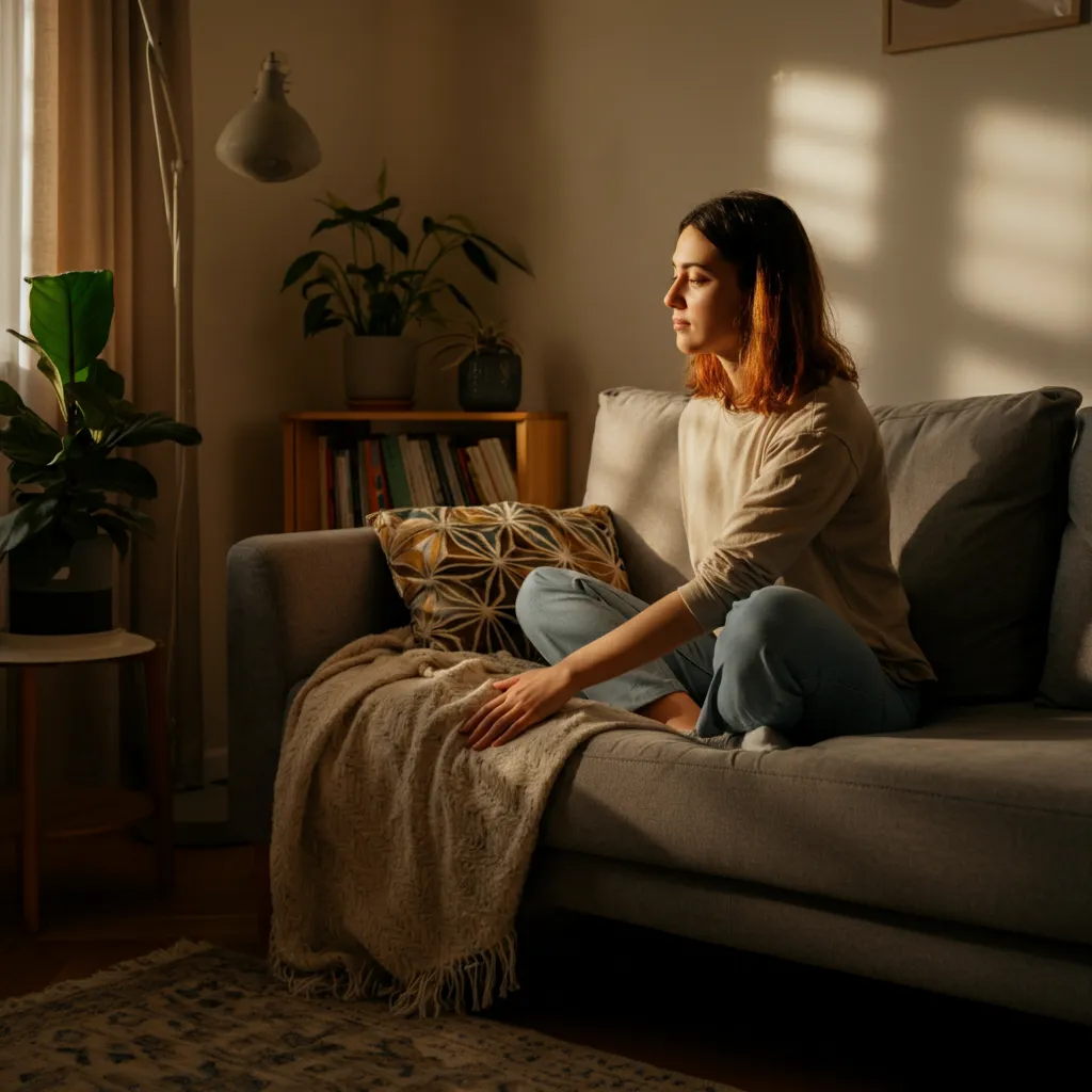 Person practicing mindfulness and deep breathing exercises to manage ADHD overwhelm and regulate emotions, promoting focus and task initiation.