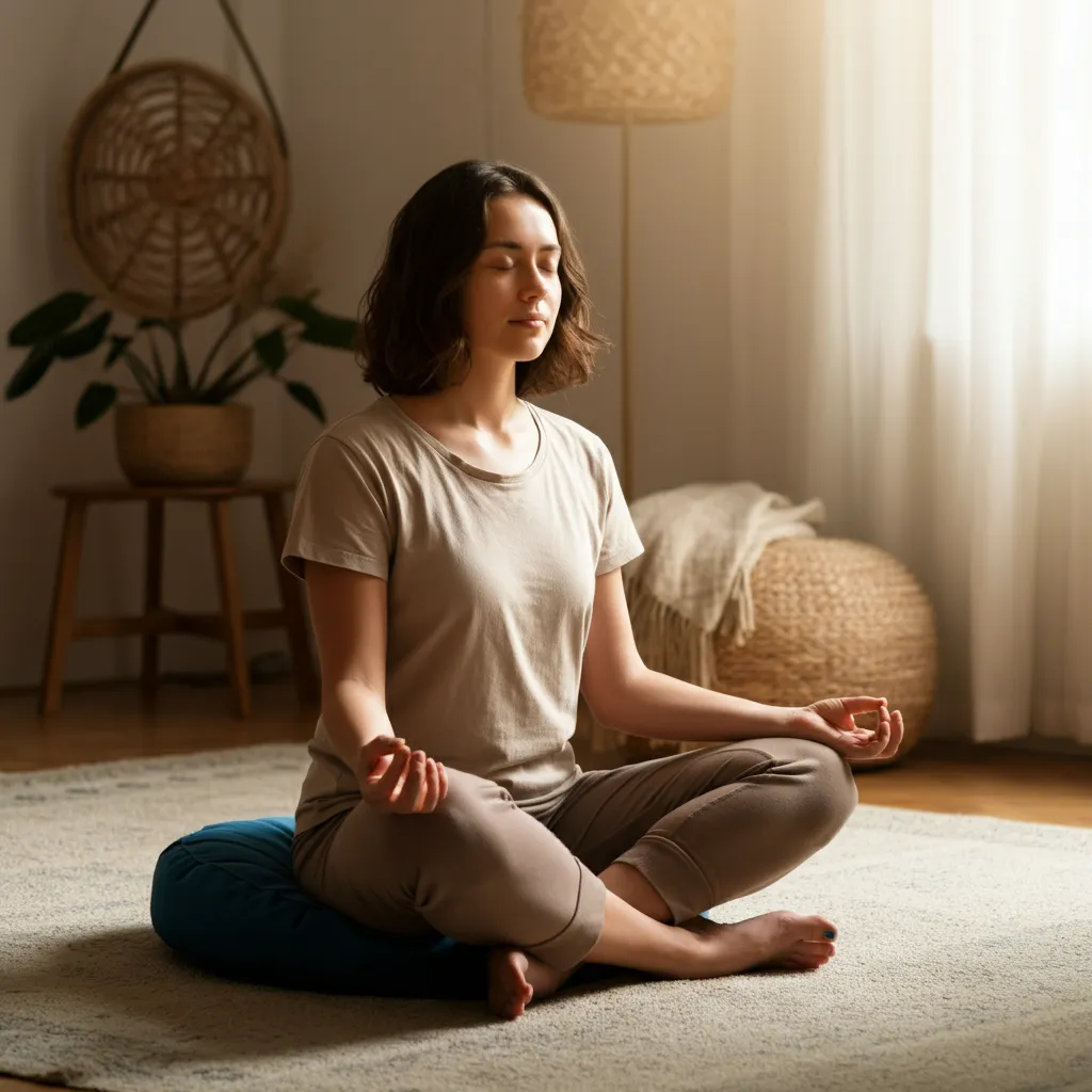 Person practicing mindfulness and relaxation techniques to manage anxiety and neurological symptoms like dizziness, tingling, or muscle twitches.