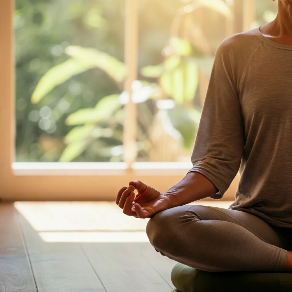 Person practicing mindfulness and relaxation techniques to manage anxiety and neurological symptoms.