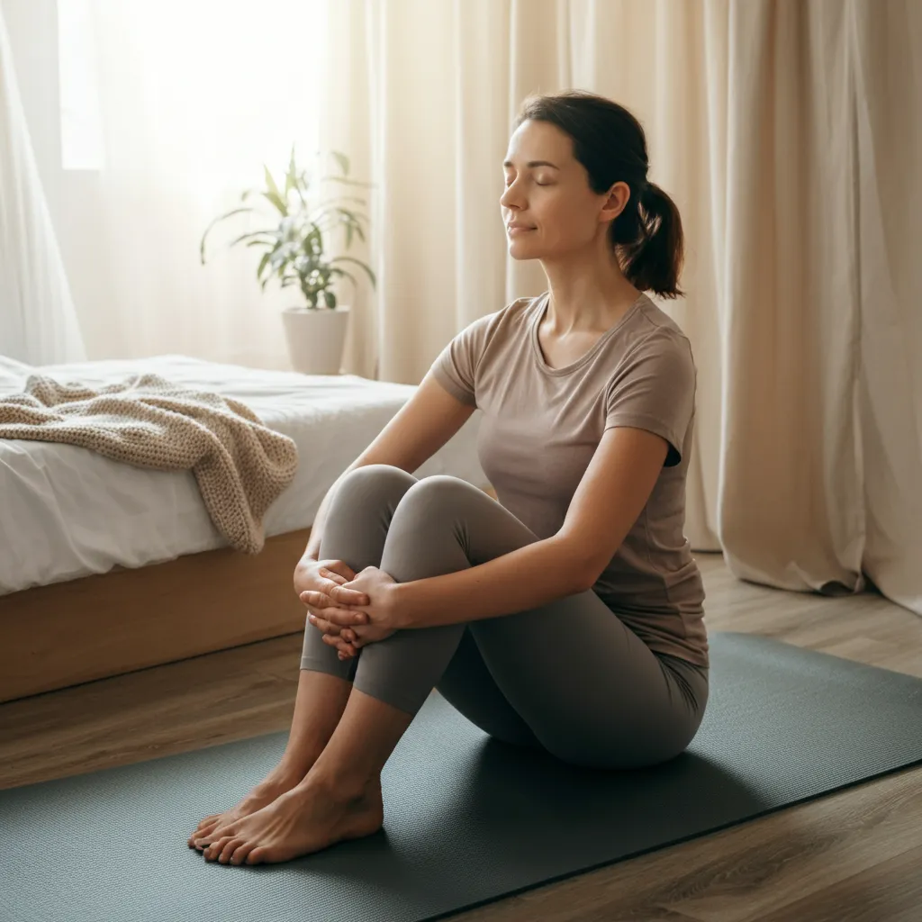 Person practicing relaxation techniques, such as deep breathing or meditation, to manage anxiety and relieve neuropathy symptoms.