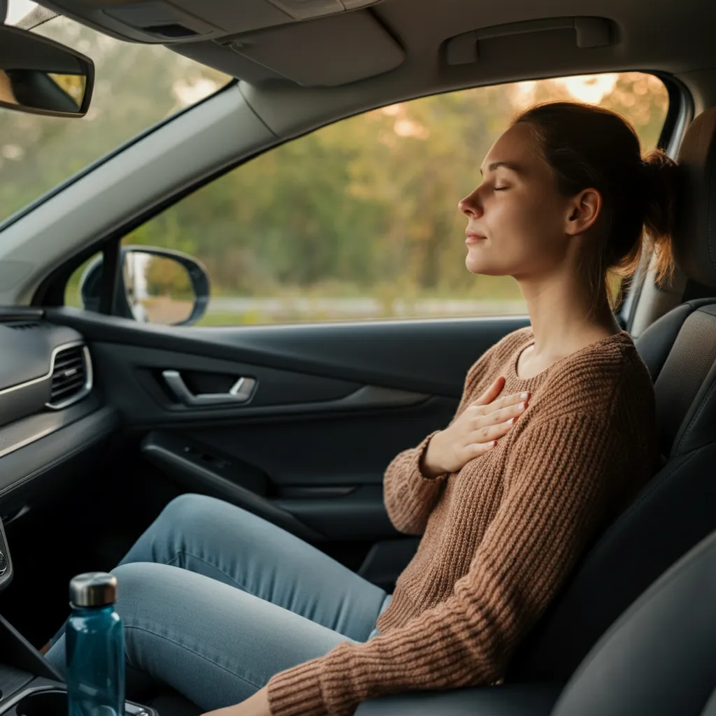 Person practicing relaxation techniques in their car to manage driving anxiety.