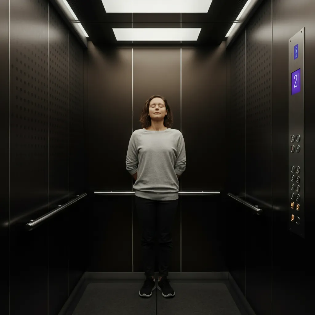 Person practicing mindfulness techniques in an elevator to manage anxiety.