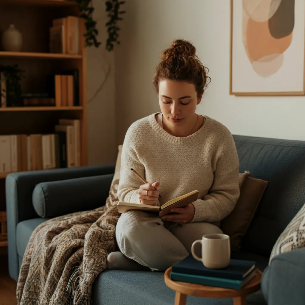 Person practicing self-care techniques for managing Generalized Anxiety Disorder (GAD), such as deep breathing, journaling, and mindfulness exercises.