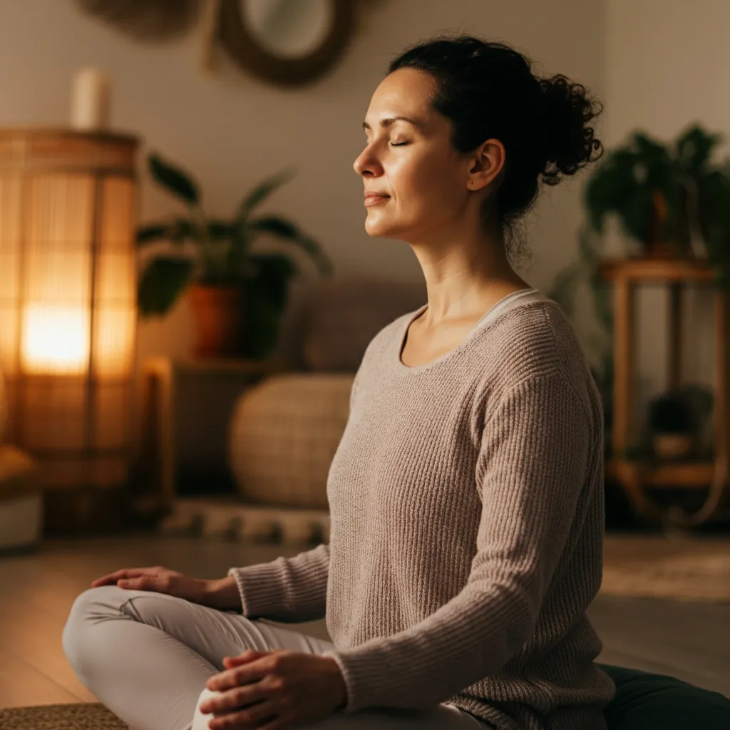 Person practicing stress-reduction techniques for managing generalized anxiety disorder (GAD), including deep breathing, exercise, and mindfulness.