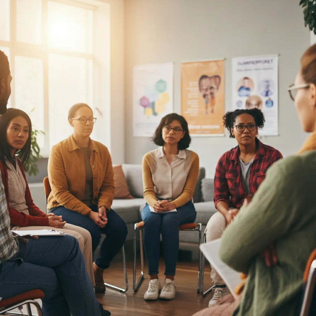 Person practicing mindfulness techniques to manage healthcare anxiety, surrounded by supportive elements like a healthy meal, exercise equipment, and a support group symbol.