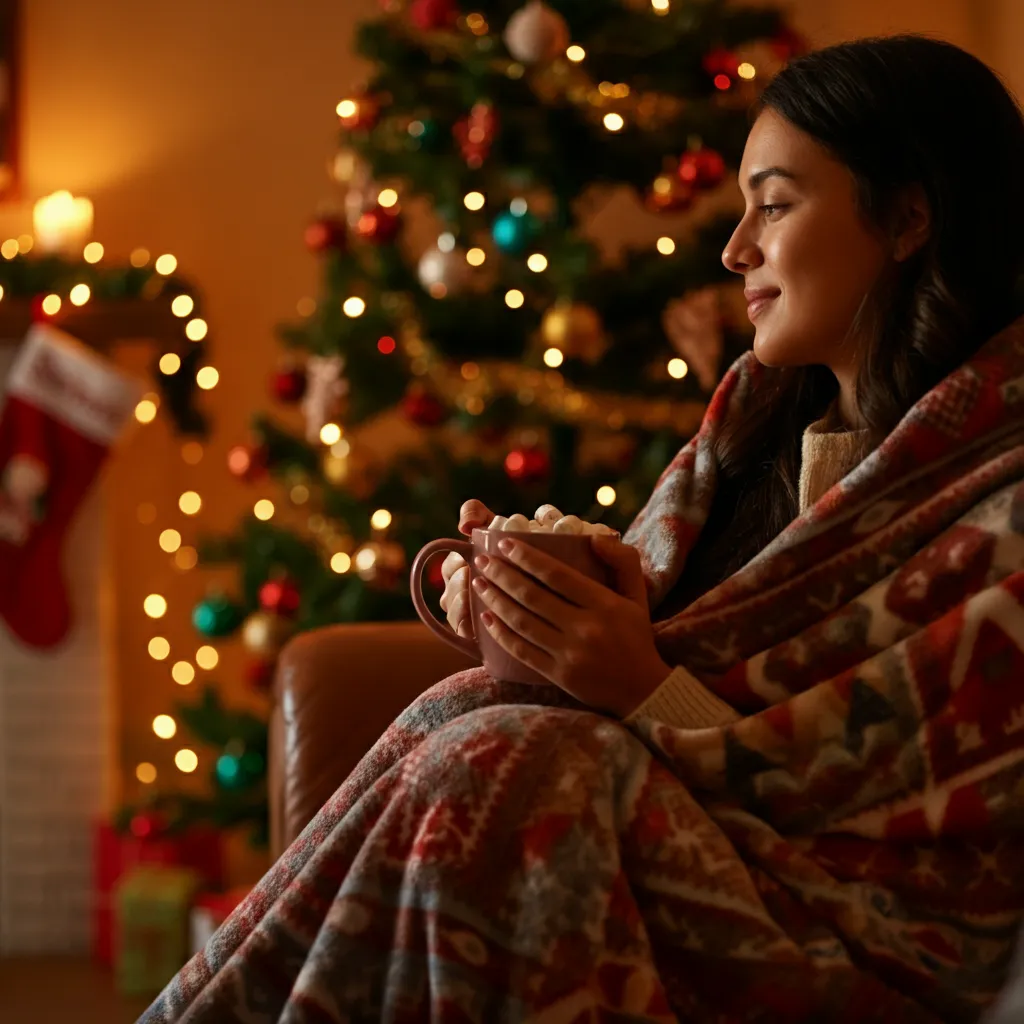 Person relaxing and enjoying the holiday season, demonstrating stress-free and joyful holidays.