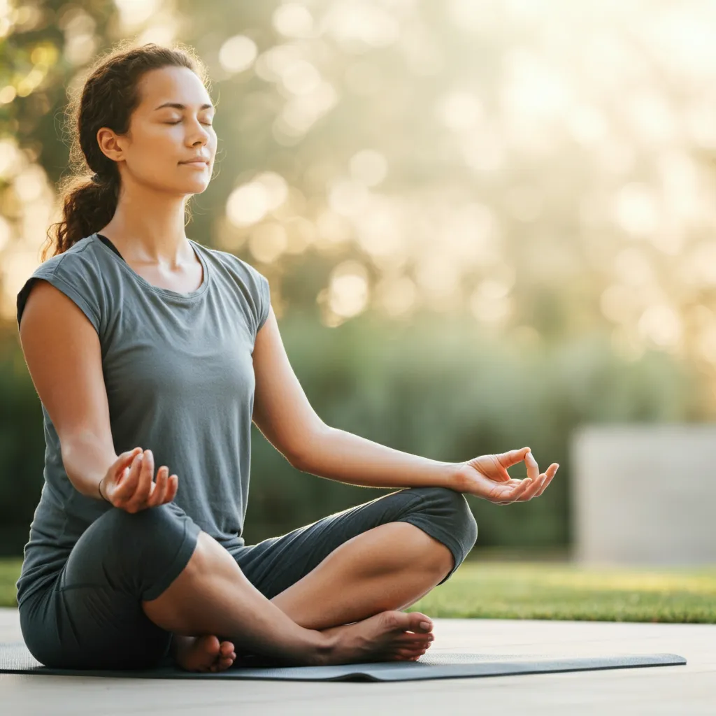 Person practicing mindfulness and relaxation techniques to manage neurological symptoms of anxiety, such as brain fog and dizziness.