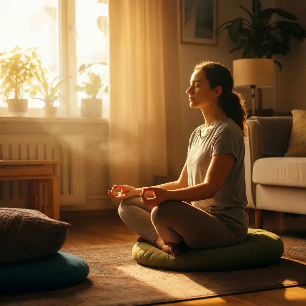 Person practicing mindfulness techniques to manage neurological symptoms of anxiety, such as dizziness and tingling. Includes lifestyle changes like exercise and a balanced diet, stress management techniques like deep breathing and yoga, and professional support through therapy and counseling.