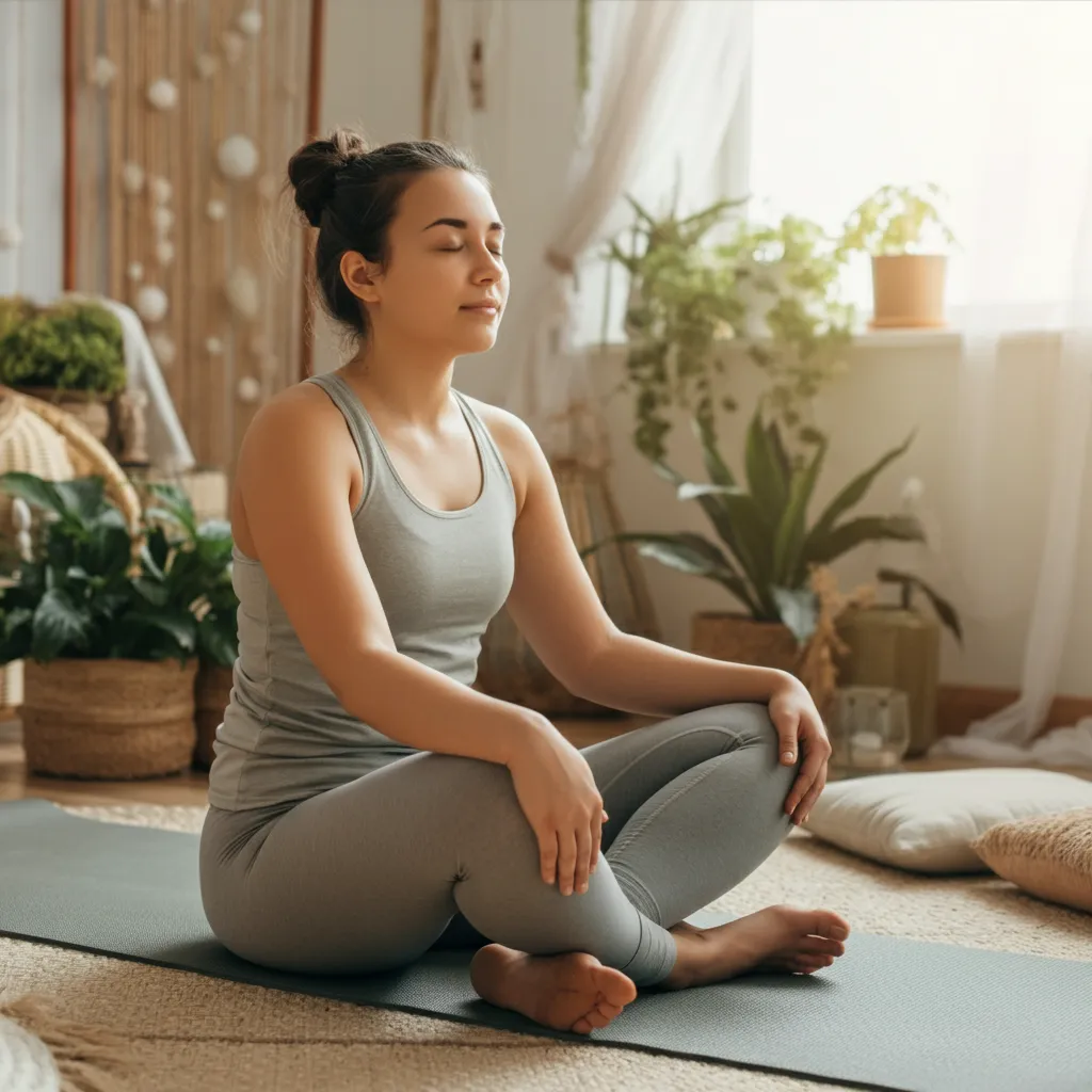 Person practicing self-care techniques, such as deep breathing, for managing neurological symptoms of anxiety.