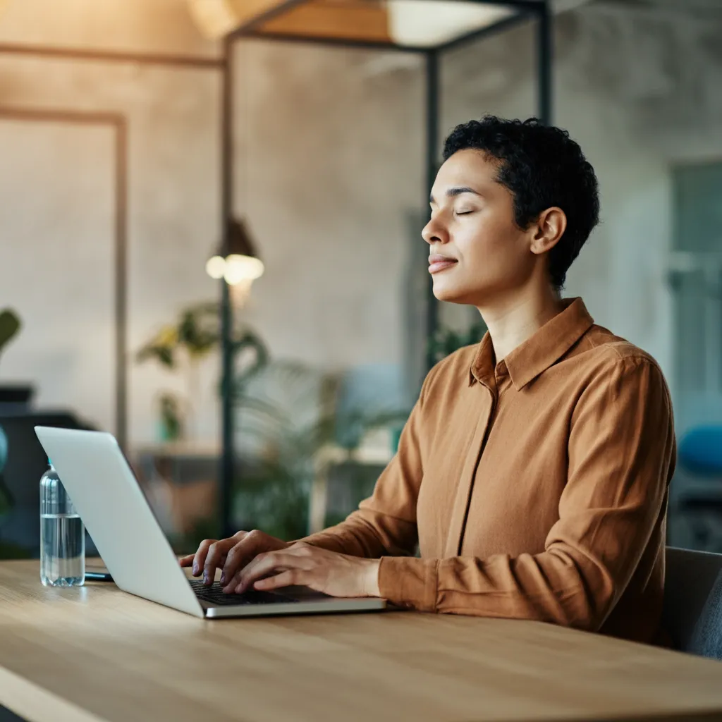 Person using relaxation techniques to manage panic disorder symptoms in the workplace.