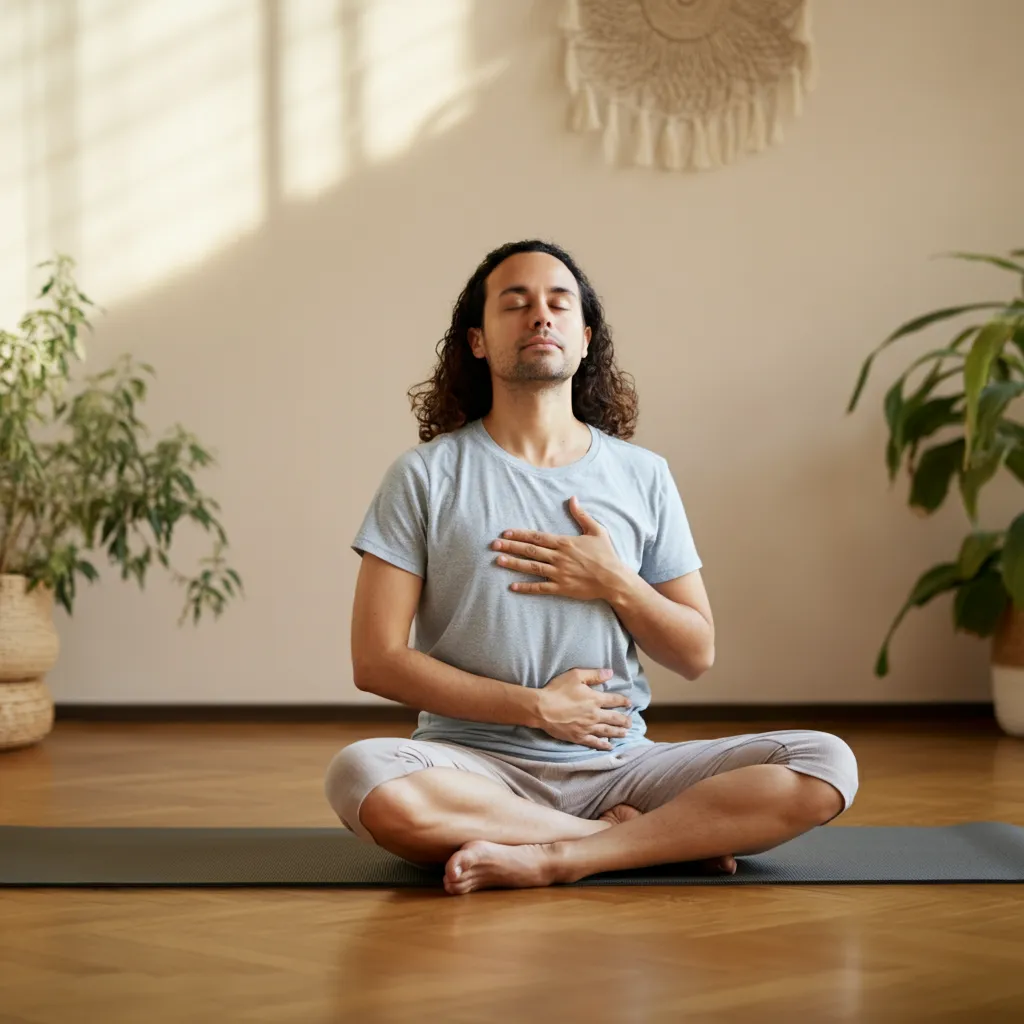 Person practicing deep breathing exercises, a coping mechanism for panic disorder.