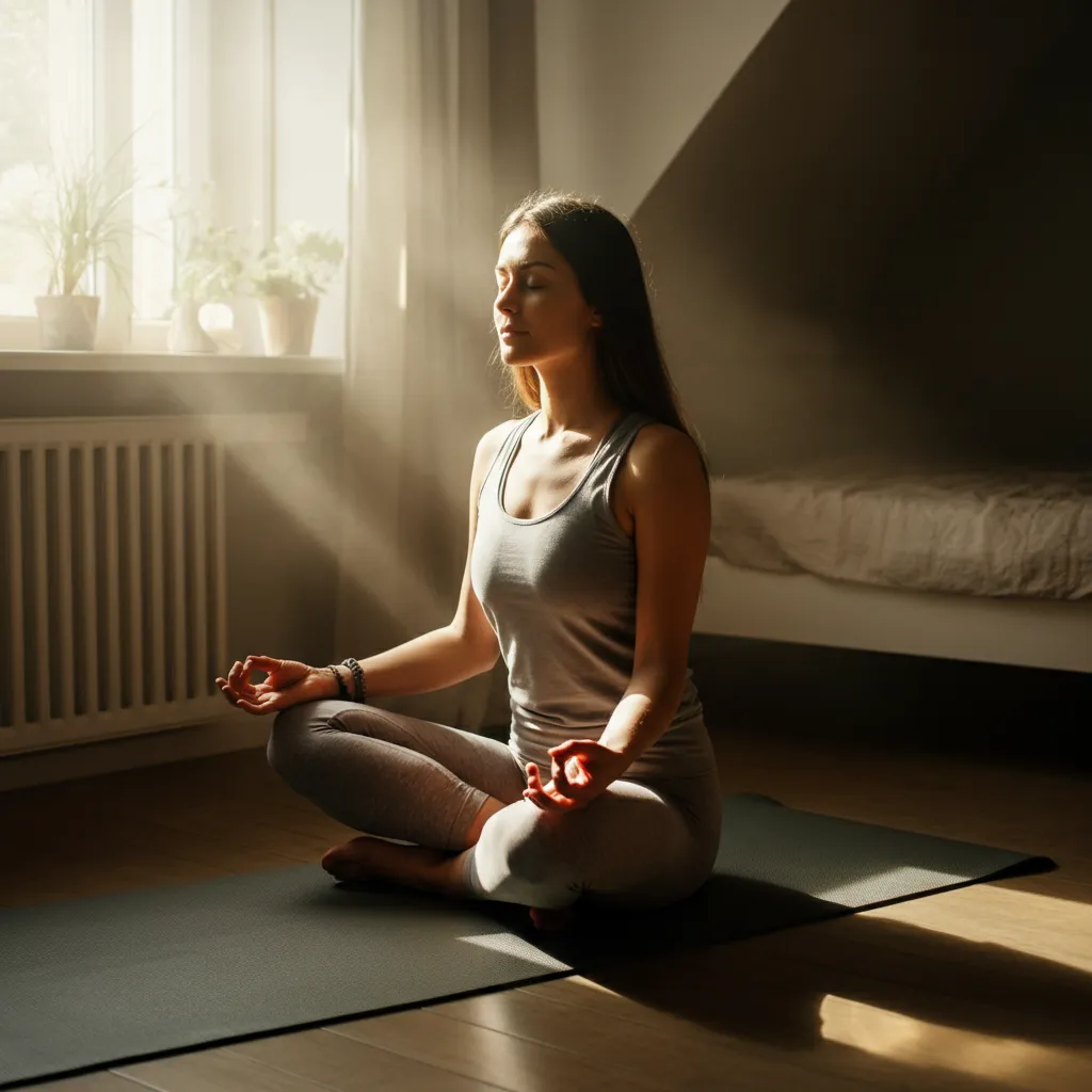 Person practicing mindfulness and deep breathing exercises to manage physical symptoms during emotional purging