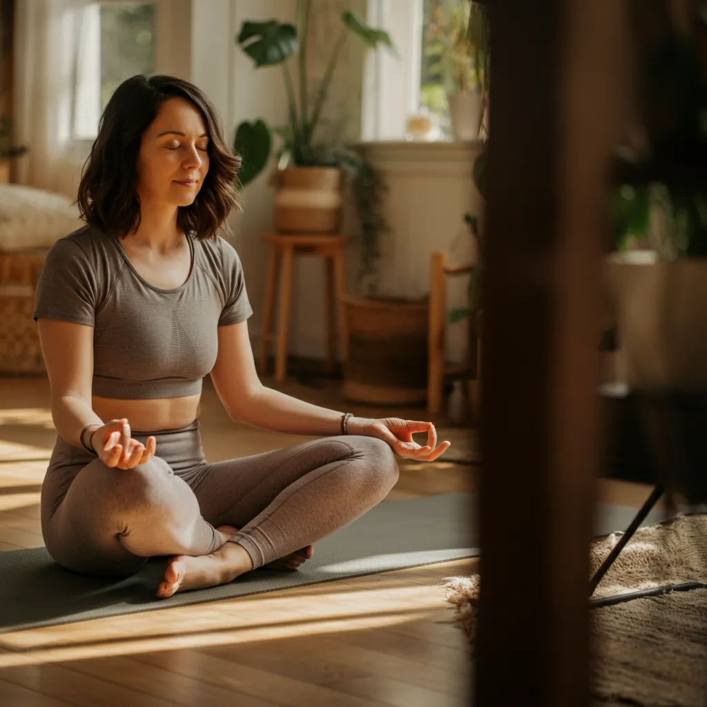 Person practicing stress-reducing techniques for neuropathy relief, such as deep breathing, yoga, and mindfulness.