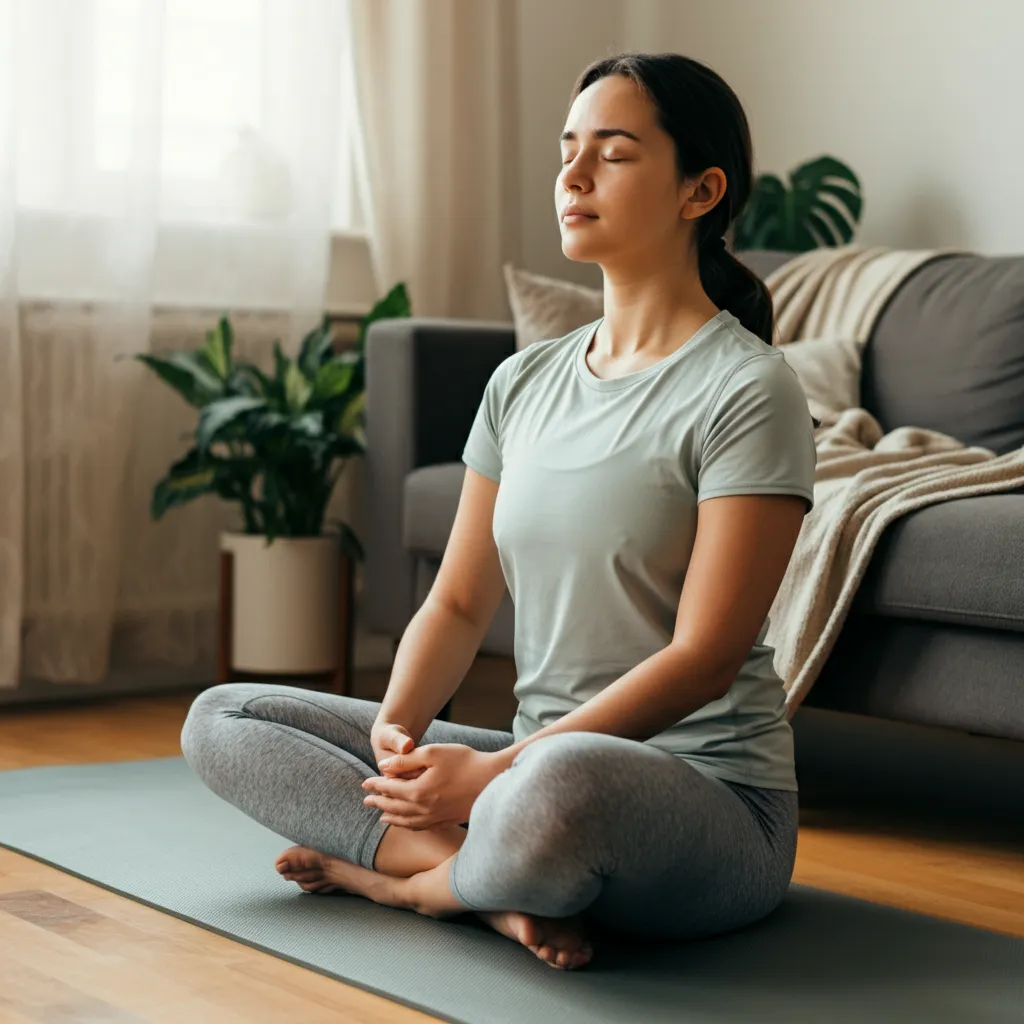 Person practicing relaxation techniques to manage anxiety related to swallowing.