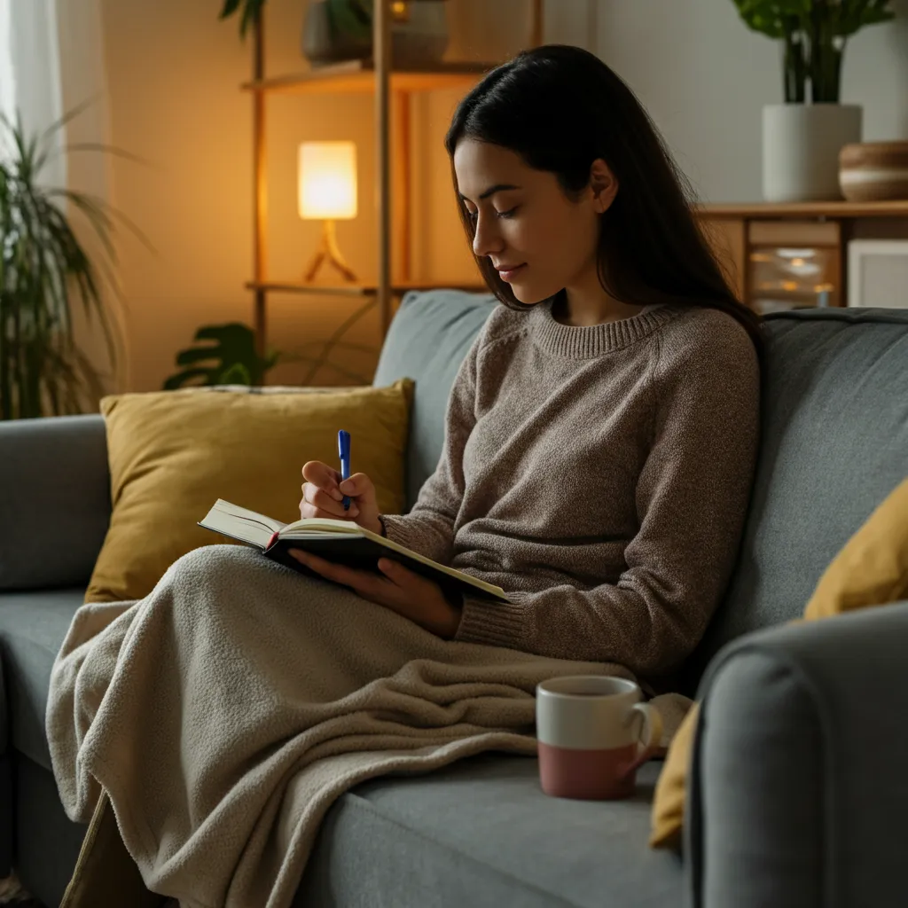 Person practicing self-care activities for managing unspecified mood disorder, such as mindfulness, exercise, and healthy eating.