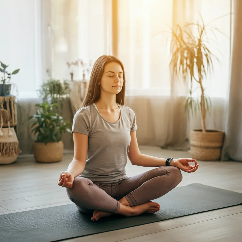 Person practicing emotional regulation techniques, such as deep breathing, meditation, and cognitive reframing, to manage emotions and make thoughtful decisions.